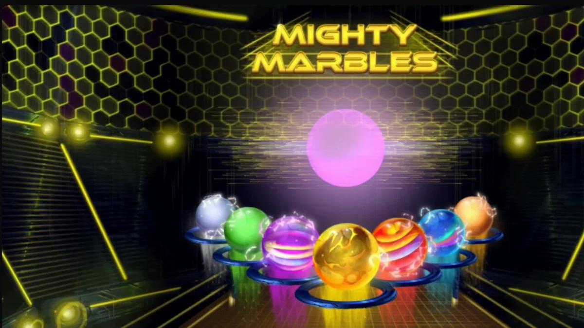 Interface do jogo de slot Mighty Marbles com tema espacial e neon